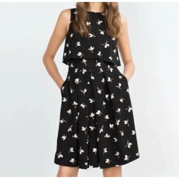 Zara Floral Black Dress Womens Small Cropped Top Butterfly Print Sleeveless Work - Picture 1 of 10